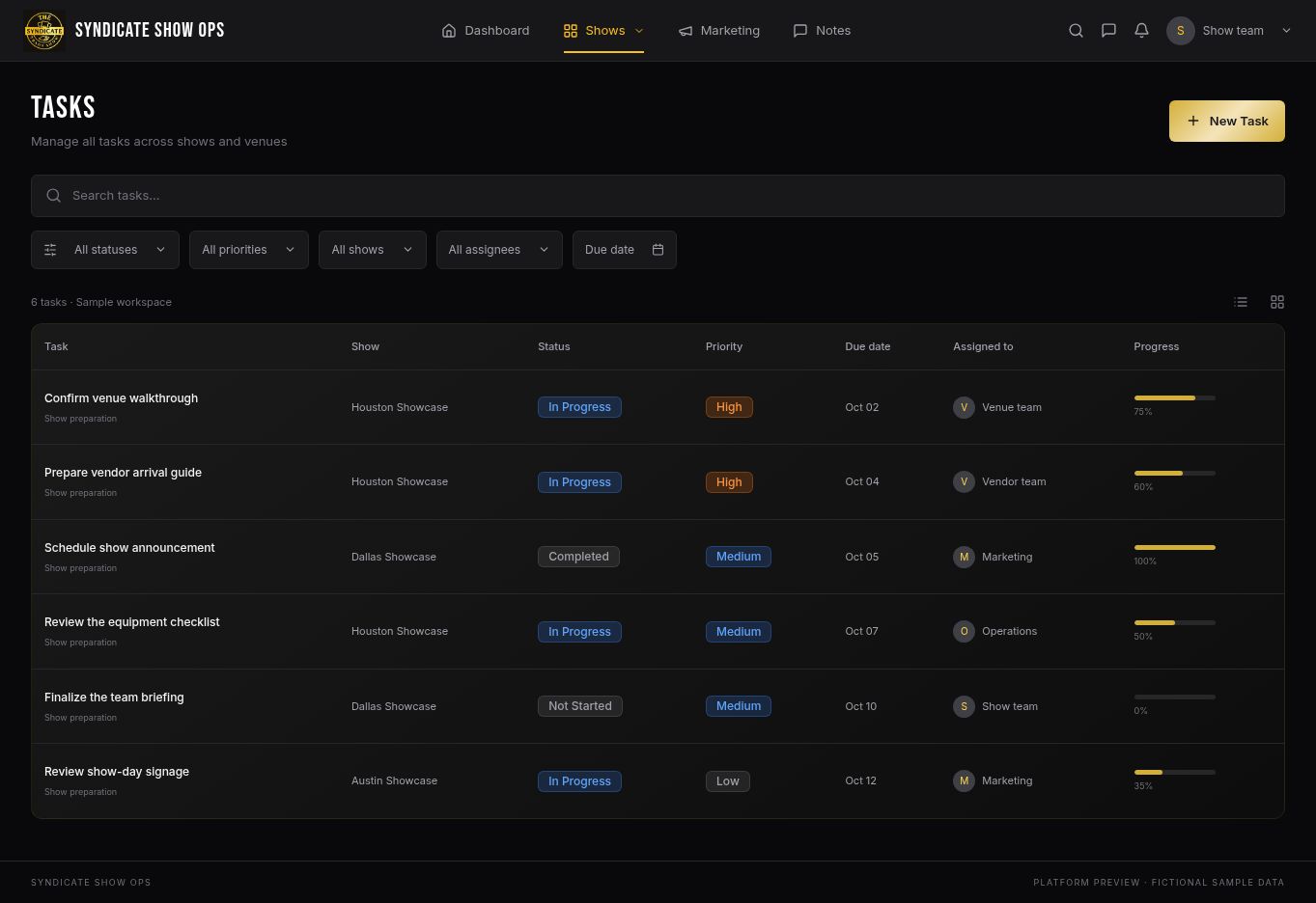 Show Ops task screen with sample assignments, priorities, due dates, completion status, and progress.